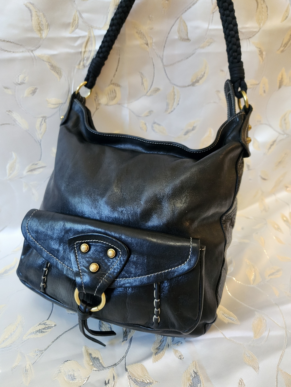 Hobo Y2K Black Leather Shoulder Bag with Braided Strap